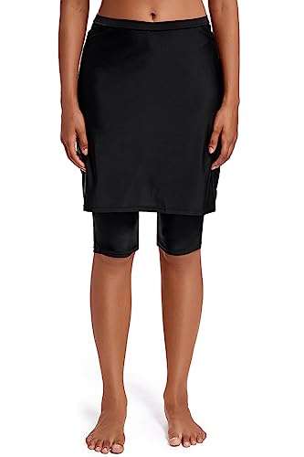 Micosuza Womens Skirted Swim Capris Sun Protective UPF 50+ Swimming Tight with Attached Skirt Sport Leggings Black - Image 1
