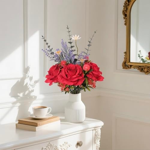 HEMYLU Artificial Flowers in Vase, Silk Roses Flowers Artificial Eucalyptus Lavenders Small Daisies and Fake Plants in White Ceramic Vase, Floral Centerpieces for Tables, Faux Flowers for Coffee Table Décor - Image 5