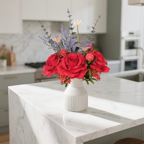 HEMYLU Artificial Flowers in Vase, Silk Roses Flowers Artificial Eucalyptus Lavenders Small Daisies and Fake Plants in White Ceramic Vase, Floral Centerpieces for Tables, Faux Flowers for Coffee Table Décor - Image 4