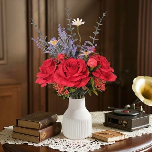 HEMYLU Artificial Flowers in Vase, Silk Roses Flowers Artificial Eucalyptus Lavenders Small Daisies and Fake Plants in White Ceramic Vase, Floral Centerpieces for Tables, Faux Flowers for Coffee Table Décor - Image 2