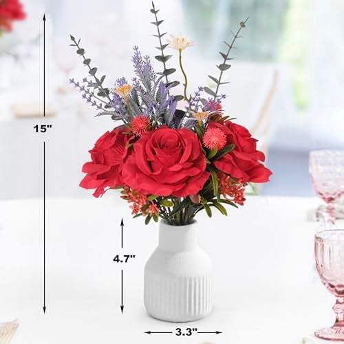 HEMYLU Artificial Flowers in Vase, Silk Roses Flowers Artificial Eucalyptus Lavenders Small Daisies and Fake Plants in White Ceramic Vase, Floral Centerpieces for Tables, Faux Flowers for Coffee Table Décor - Image 3