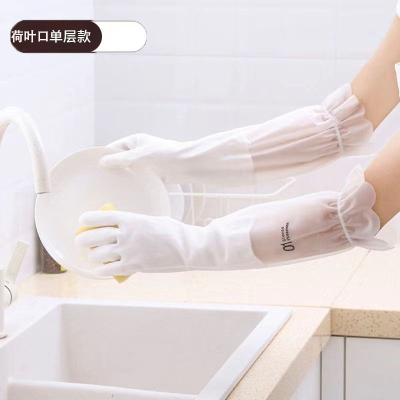 Durable Latex Kitchen Gloves with Fleece for DishwashingLotus Leaf mouth single layer Lotus Leaf mouth single layer 