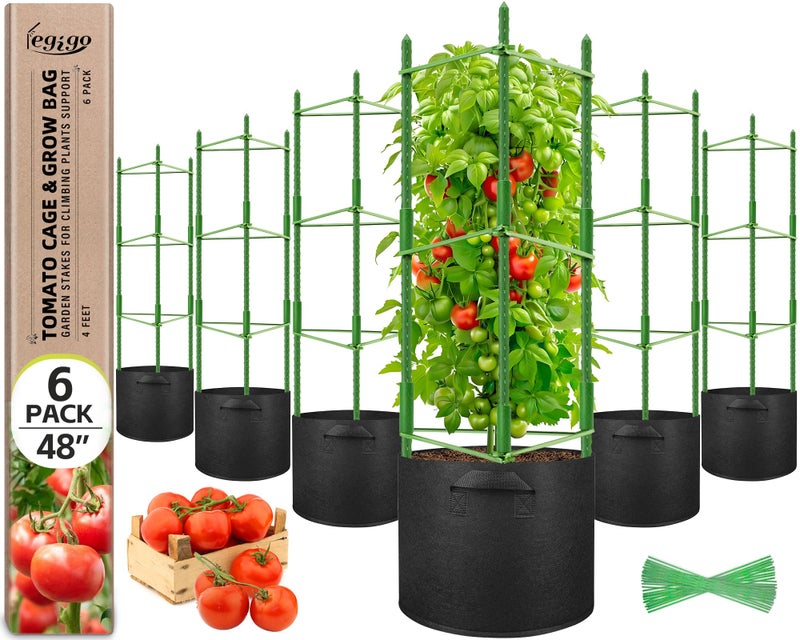 Legigo 6 Pack Tomato Cages with 10 Gallon Grow Bags- 48inch Tomato Trellis Plant Support Stakes Planter, Tomato Plant Cages Garden Trellis for Vertical Climbing Plants Vegetables Flowers Fruits - Image 1