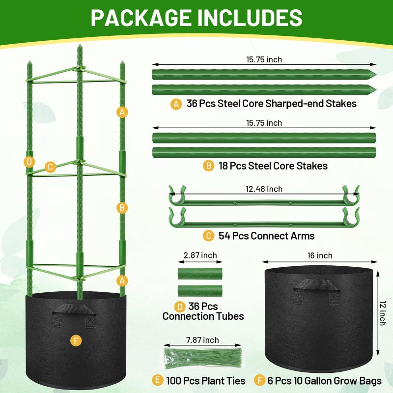 Legigo 6 Pack Tomato Cages with 10 Gallon Grow Bags- 48inch Tomato Trellis Plant Support Stakes Planter, Tomato Plant Cages Garden Trellis for Vertical Climbing Plants Vegetables Flowers Fruits - Image 3