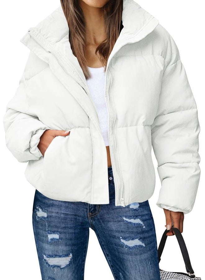 MEROKEETY Women's 2025 Winter Long Sleeve Zip Puffer Jacket Pockets Baggy Short Coats, White, S - Image 1