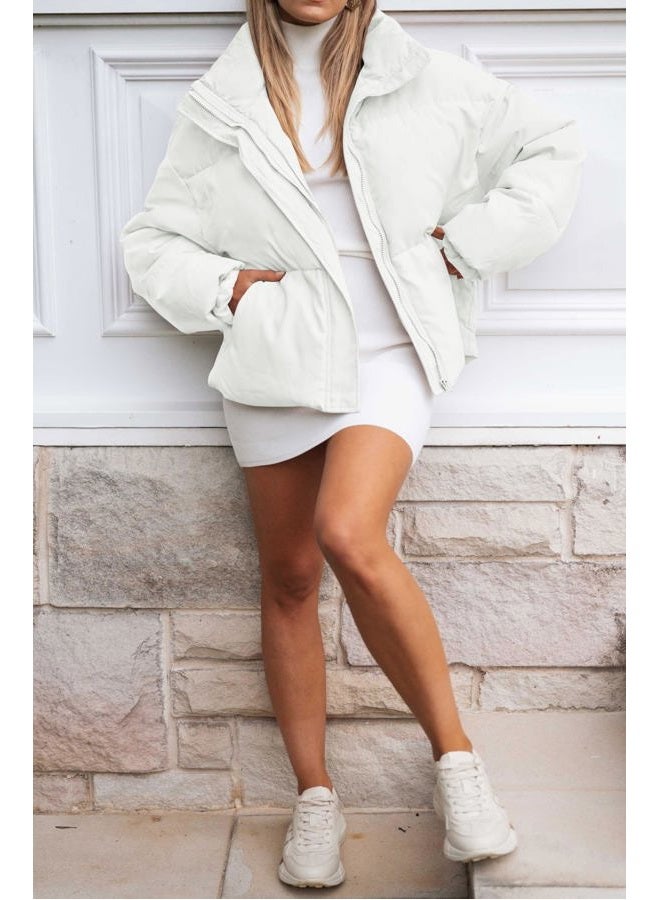 MEROKEETY Women's 2025 Winter Long Sleeve Zip Puffer Jacket Pockets Baggy Short Coats, White, S - Image 2