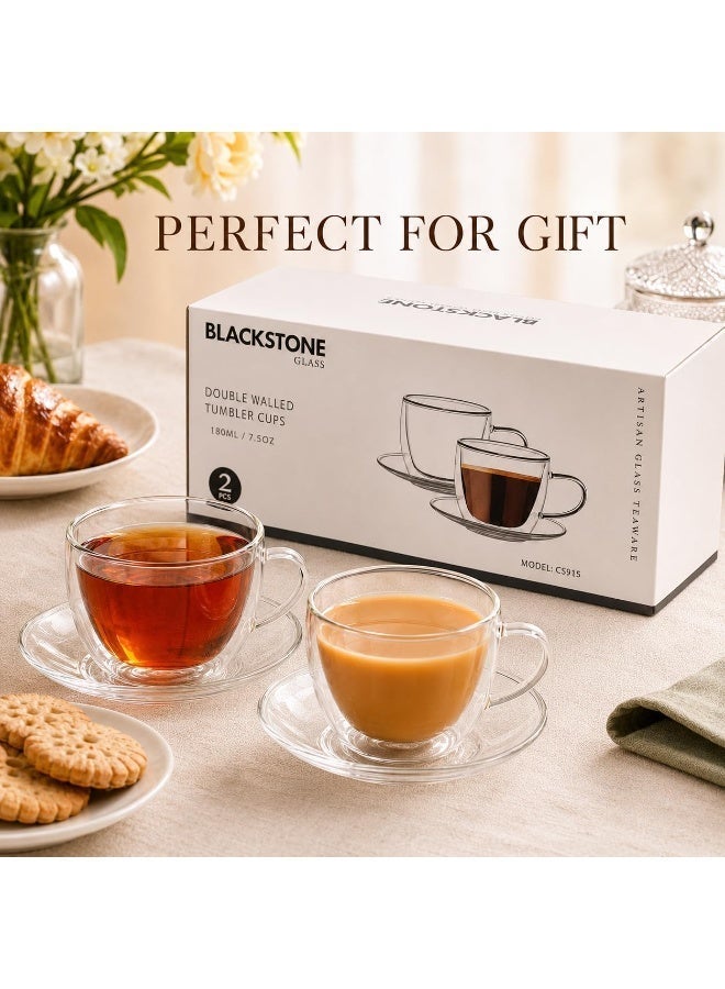 BLACKSTONE CS915 Double Wall Glass Cup and Saucer Set 2 Cups 2 Saucers 180ml Borosilicate Coffee and Tea Glasses - Image 5