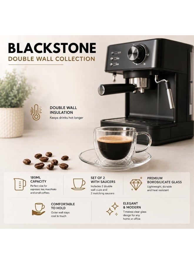 BLACKSTONE CS915 Double Wall Glass Cup and Saucer Set 2 Cups 2 Saucers 180ml Borosilicate Coffee and Tea Glasses - Image 4