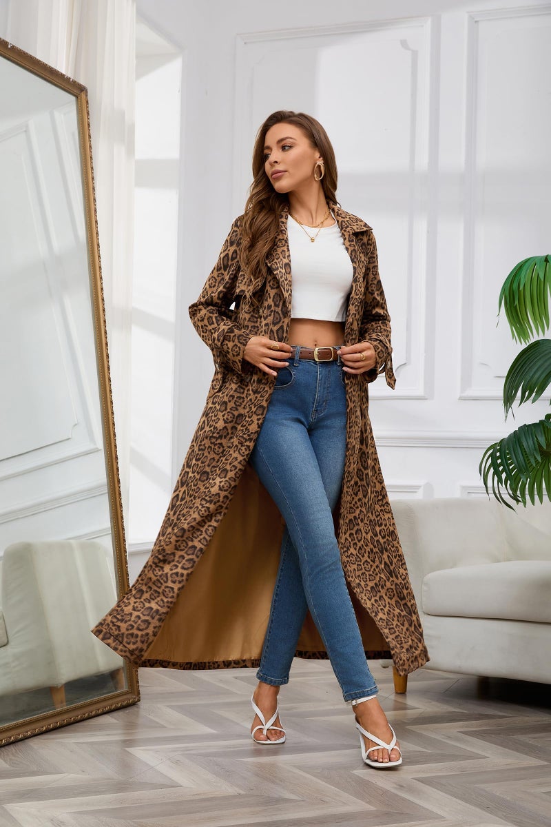 utcoco Womens Faux Suede Long Trench Coat Notched Lapel Double Breasted Pea Coat Overcoat with Belt (Small, Leopard) - Image 4