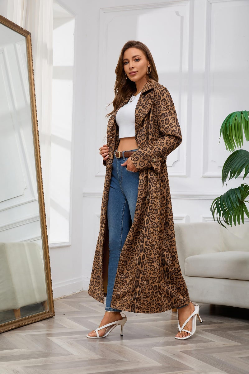 utcoco Womens Faux Suede Long Trench Coat Notched Lapel Double Breasted Pea Coat Overcoat with Belt (Small, Leopard) - Image 5