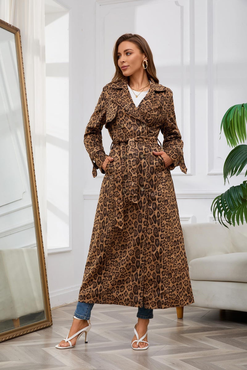 utcoco Womens Faux Suede Long Trench Coat Notched Lapel Double Breasted Pea Coat Overcoat with Belt (Small, Leopard) - Image 3