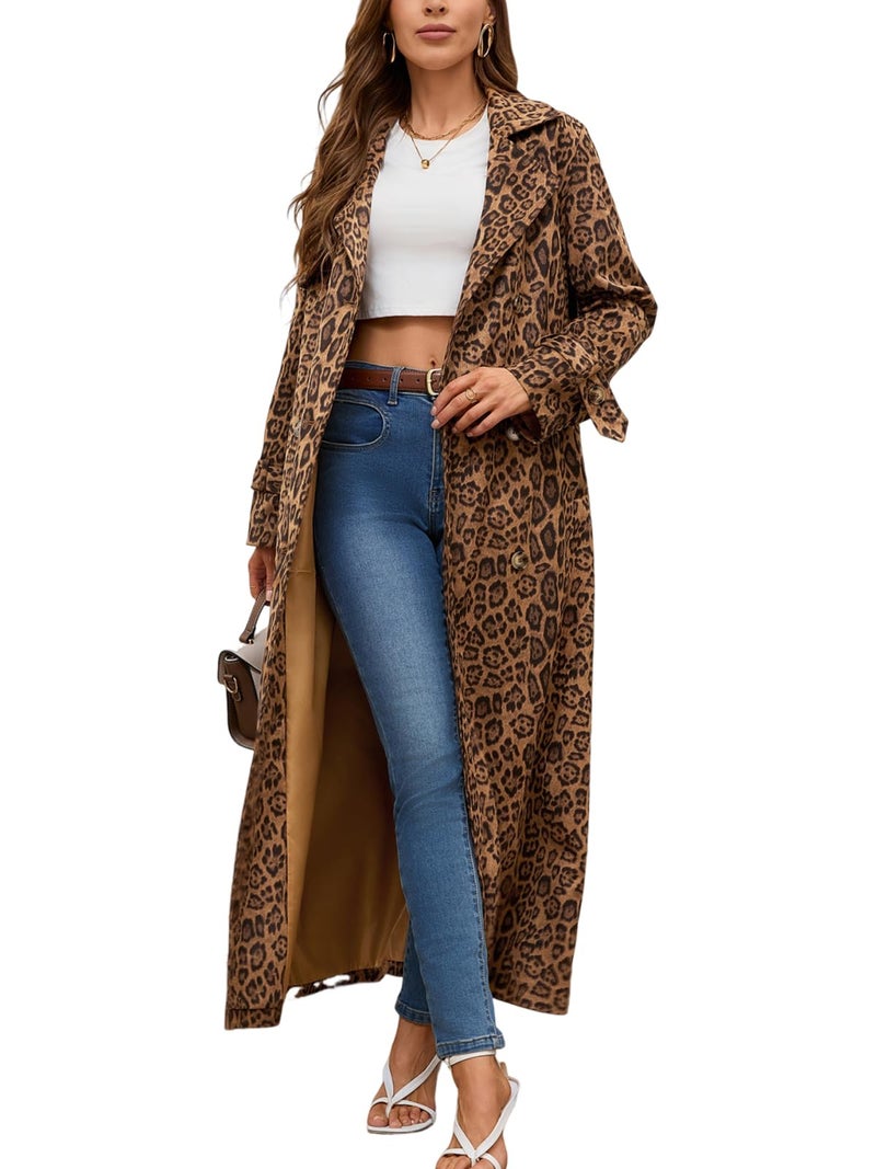 utcoco Womens Faux Suede Long Trench Coat Notched Lapel Double Breasted Pea Coat Overcoat with Belt (Small, Leopard) - Image 1