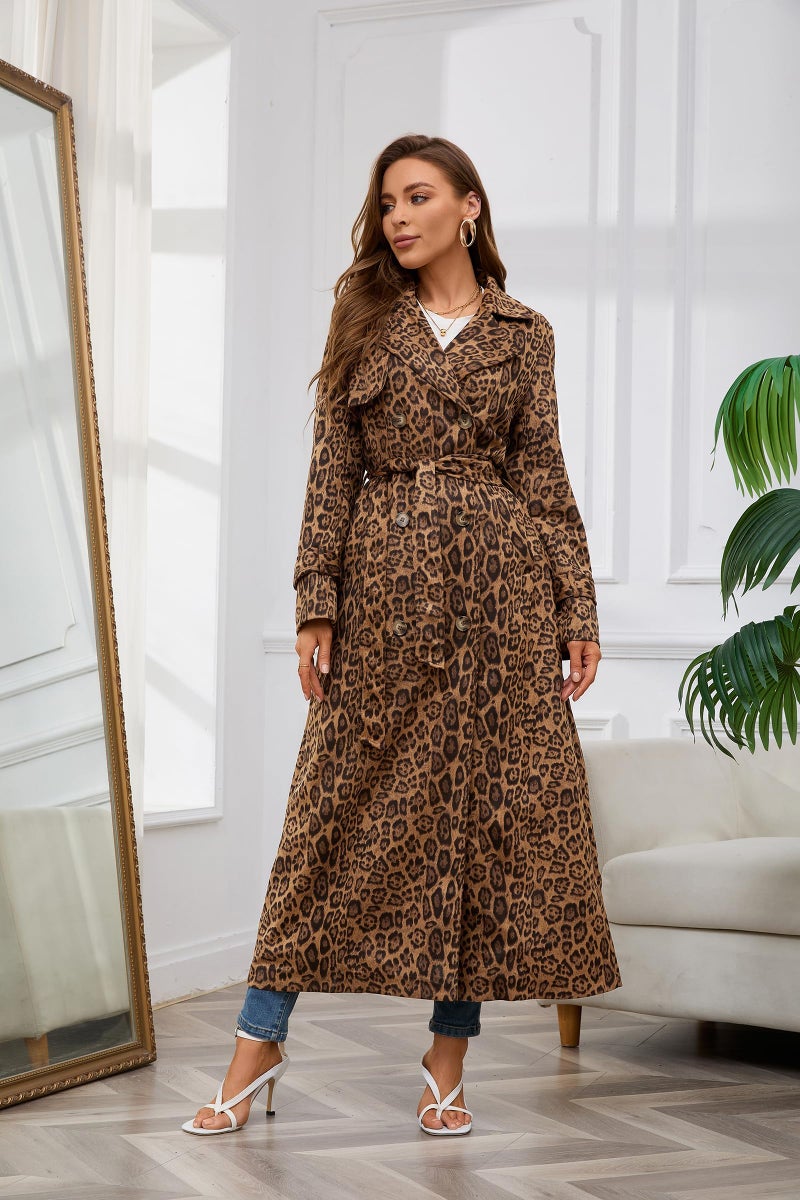 utcoco Womens Faux Suede Long Trench Coat Notched Lapel Double Breasted Pea Coat Overcoat with Belt (Small, Leopard) - Image 2