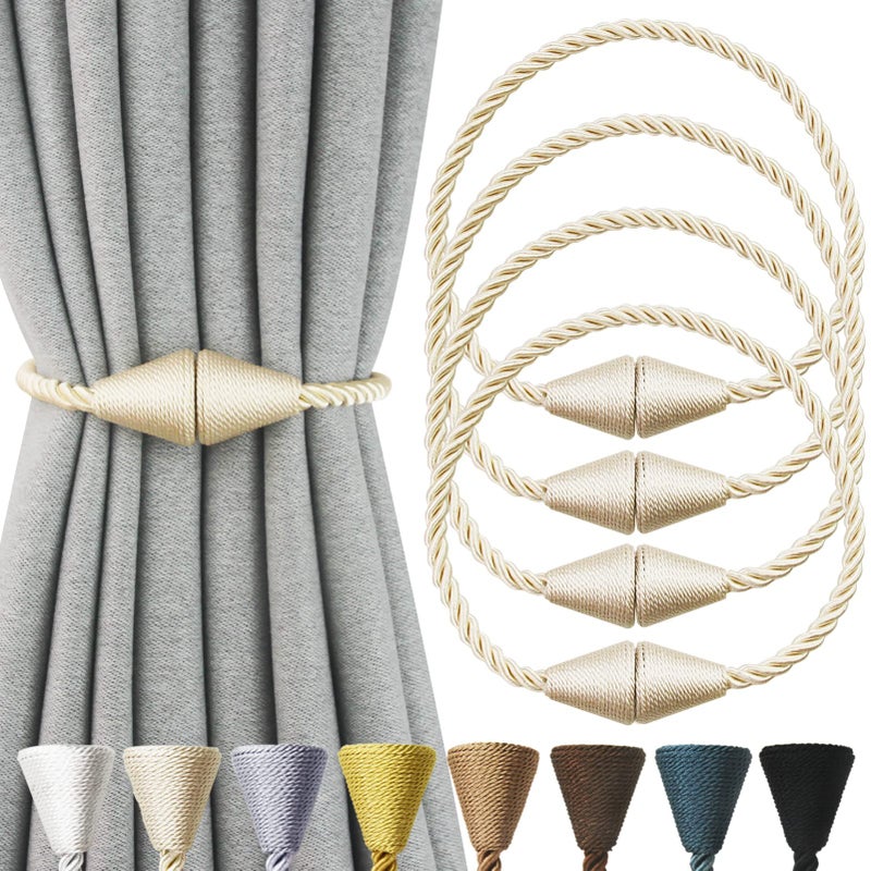 Nieffeiy 4 Pack Magnetic Curtain Tiebacks Rope Modern Handmade Curtain Tie Backs Decorative Drapes Weave Holdbacks for Window Dcor Beige