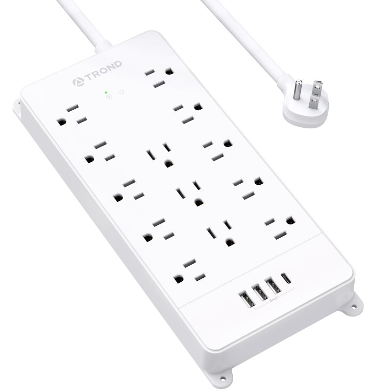TROND Power Strip Surge Protector - White Extension Cord with USB Ports, 13 Widely-Spaced Outlets Expansion, 5ft, Flat Plug, Under Desk, Wall Mount, Heavy Duty, 4000 Joules, Office, Home, ETL Listed - Image 1