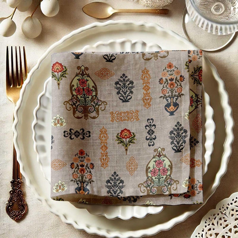 Vargottam Beige Cotton Muslin Napkins - Set of 12, 20x20 Inches, Elegant Vintage Floral Medallion Print, Perfect for Spring Celebrations, Tea Parties, and Daily Dining - Machine Washable - Image 1