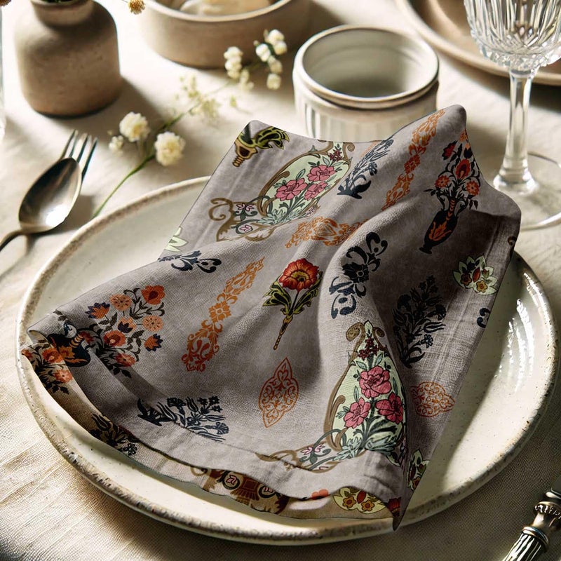 Vargottam Beige Cotton Muslin Napkins - Set of 12, 20x20 Inches, Elegant Vintage Floral Medallion Print, Perfect for Spring Celebrations, Tea Parties, and Daily Dining - Machine Washable - Image 3