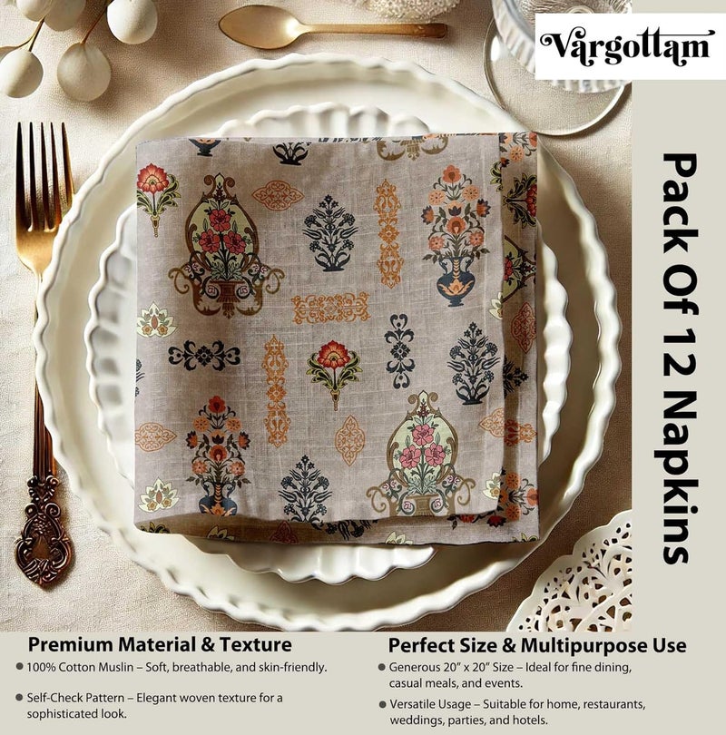Vargottam Beige Cotton Muslin Napkins - Set of 12, 20x20 Inches, Elegant Vintage Floral Medallion Print, Perfect for Spring Celebrations, Tea Parties, and Daily Dining - Machine Washable - Image 4
