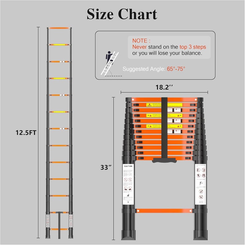 DIAMONDFORGE Telescopic Collapsible Telescoping Ladder Extension - 12.5 FT Tall Compact Aluminum Foldable Extendable Rv Telescope Ladders - Adjustable Retractable for House Roof Travel Trailers - 330lbs Capacity - Image 3