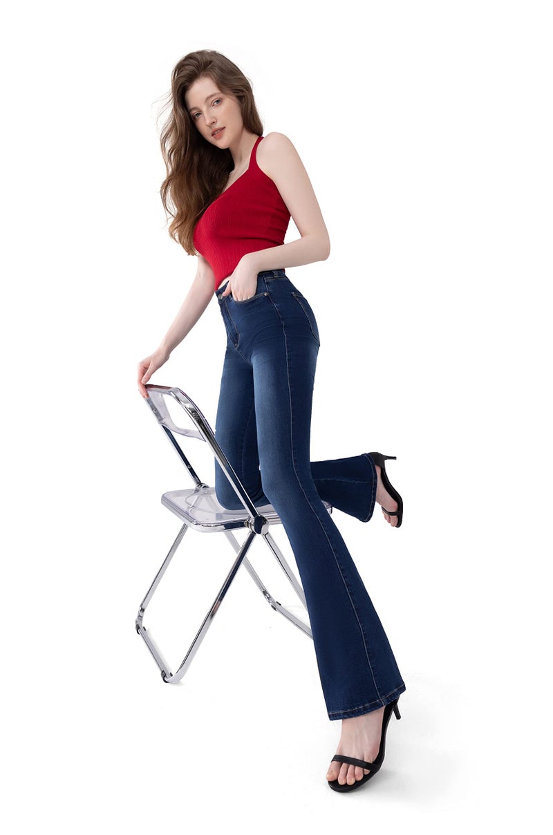 FLYING BANANA Women's Totally Shaping Curvy Stretchy Bootcut Flare Denin Jeans (Dark Blue, 12 Short) - Image 4