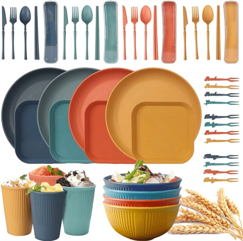 Aleiodvn Wheat Straw Dinnerware Sets (48Pcs) Reusable Dishware Sets with Plates  Cups  Knives  Forks and Spoons Lightweight Camping Dishes Dishwasher Microwave Safe for Camping Kitchen Picnic College Dorm - Image 1
