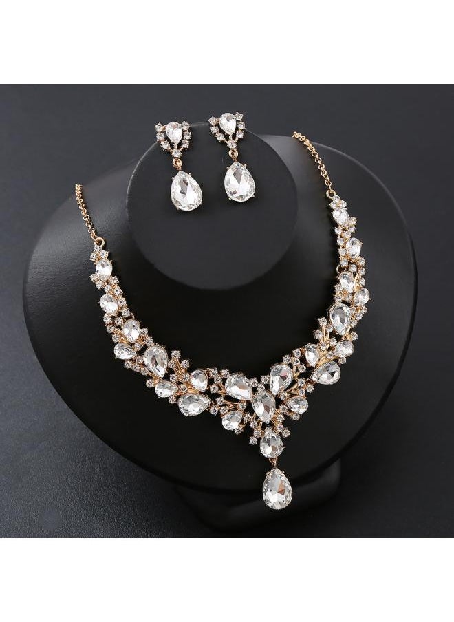 NIBEMINENT Water Drops Super Flash Rich Bride Necklace Three-piece Set Zircon New Gem Short Crystal 