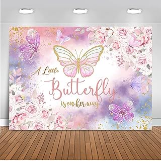 Mocsicka Floral Butterfly Baby Shower Backdrop Pink Purple Watercolor Floral A Little Butterfly is On Her Way Girl Baby - Image 1