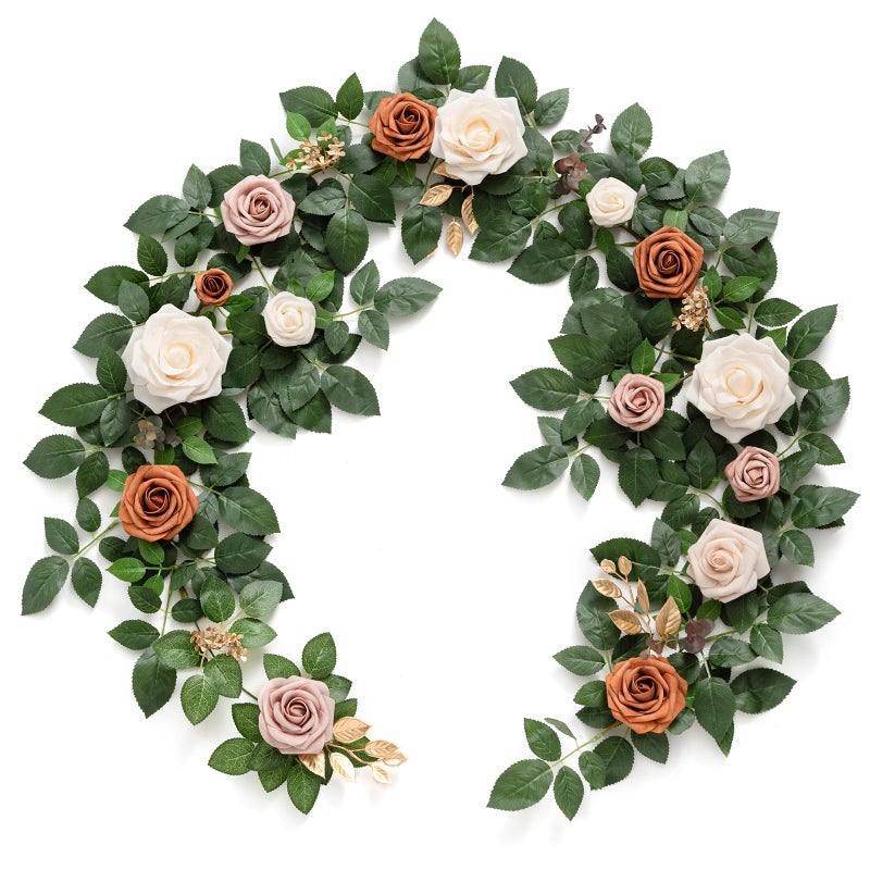 Ling's moment Lings Moment 5FT Artificial Flower Garland Rust Rose Leaves Floral Garland Ivory Arch Flowers Vine for Wedding Party Backdrop Decor Mantel Home Table Centerpieces Wall Decorations Terracotta 