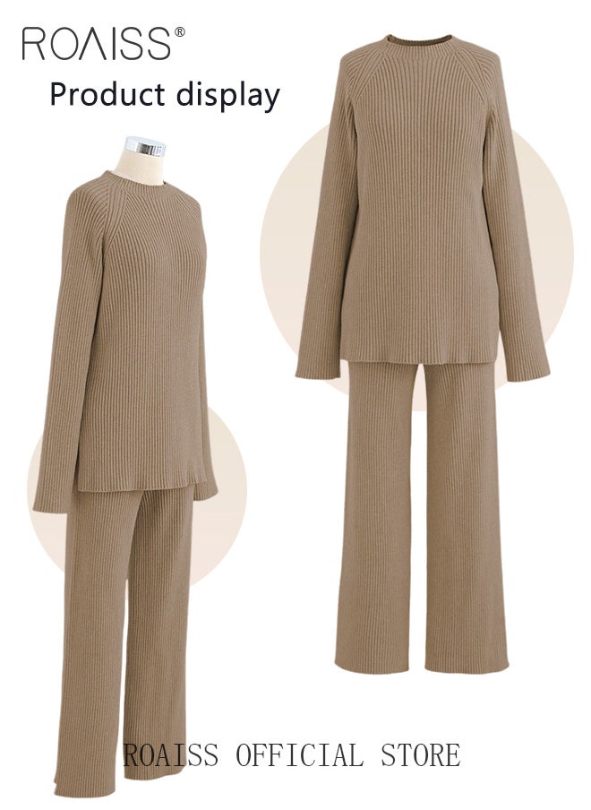 roaiss Women's Oversized Loose Suit Knitted Sweater Outfits 2 Piece Casual Set Solid Color Long Sleeve Wide Leg Pants  - Image 5