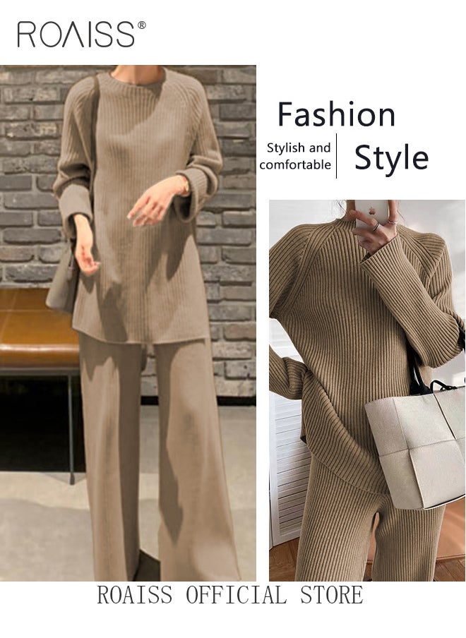 roaiss Women's Oversized Loose Suit Knitted Sweater Outfits 2 Piece Casual Set Solid Color Long Sleeve Wide Leg Pants  - Image 4