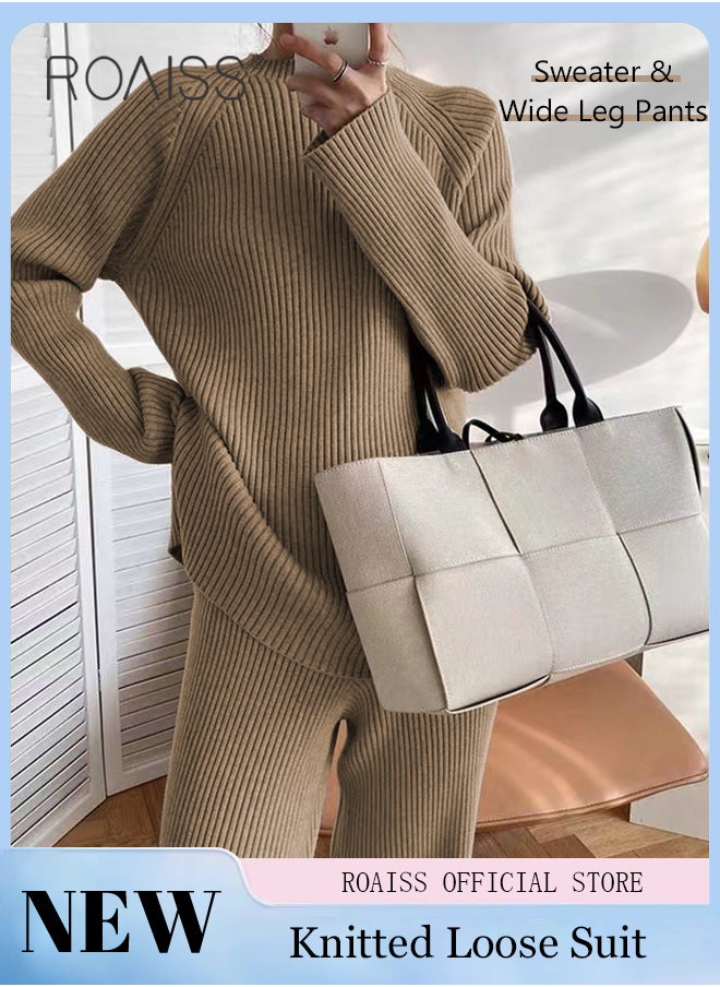 roaiss Women's Oversized Loose Suit Knitted Sweater Outfits 2 Piece Casual Set Solid Color Long Sleeve Wide Leg Pants  - Image 1