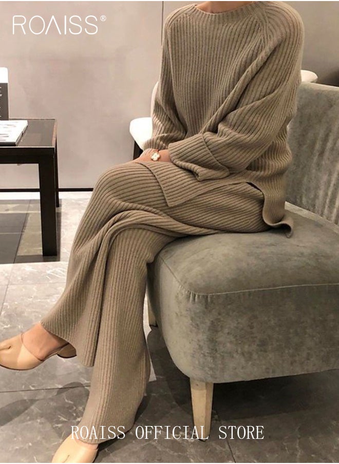 roaiss Women's Oversized Loose Suit Knitted Sweater Outfits 2 Piece Casual Set Solid Color Long Sleeve Wide Leg Pants  - Image 2