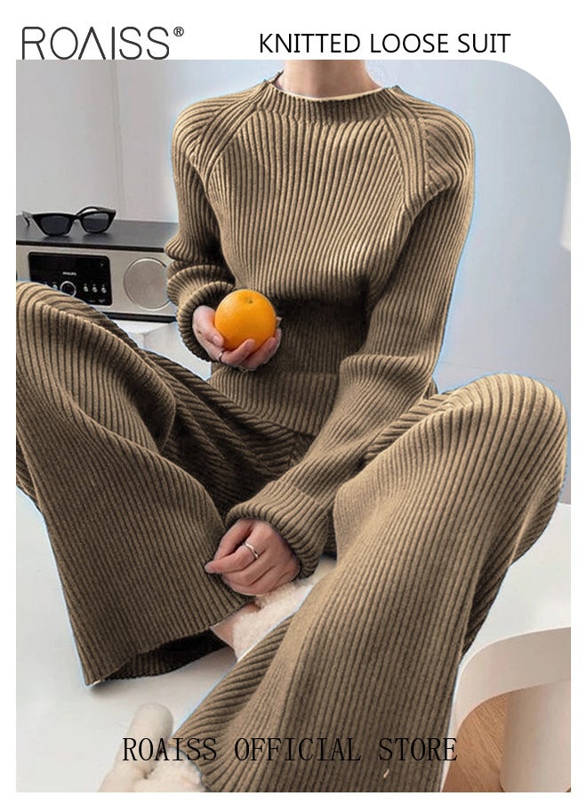 roaiss Women's Oversized Loose Suit Knitted Sweater Outfits 2 Piece Casual Set Solid Color Long Sleeve Wide Leg Pants  - Image 3