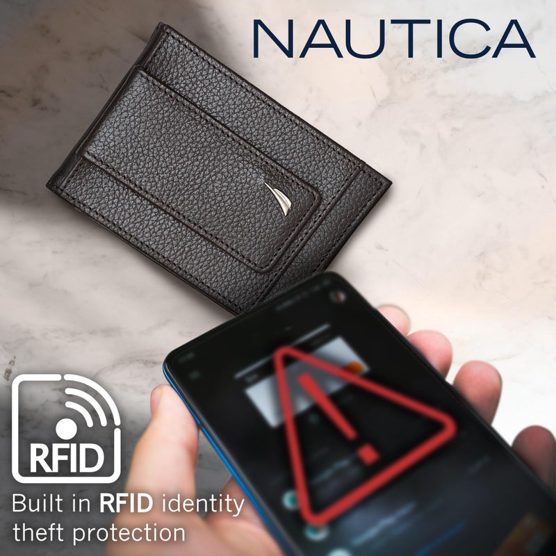 NAUTICA محفظة ناوتيكا للرجال بتصميم ثنائي الطي بألوان زاهية | حماية من RFID | نافذة للهوية | 6 فتحات بطاقات | 2 جيوب انزلاقية | تصميم محفظة نقود | جلد ناعم | تنظيم | متين | أنيق - أسود/رمادي - Image 5