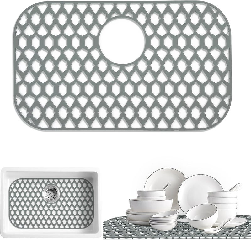 SAMSIER حماة الأحواض لمغسلة المطبخ 13x11 و16x12 و19x13 و19x14 و21x16 و22x13 و24x13 و26x14 و28x14 و30x14 و30x16، حصائر سيليكون للمزرعة للشكل السفلي (22 بوصة × 13 بوصة، تصريف خلفي) - Image 1