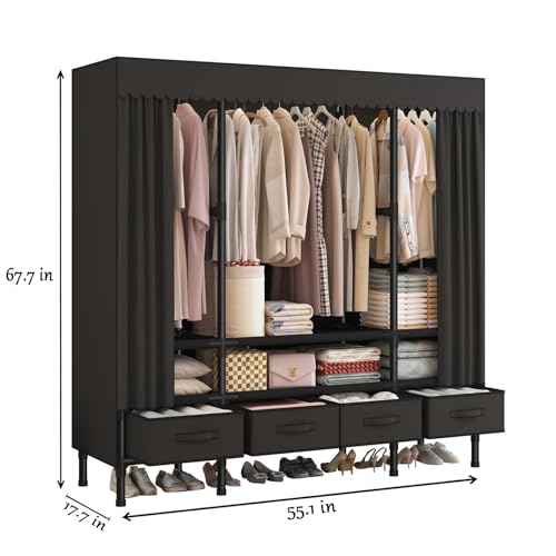 WEALTHYHEART Portable Closets for Hanging Clothes,Clothes Rack with Cover,Portable Wardrobe Closet with 3 Hanging Rods, 6 Storage Shelves and 4 Drawers,55.1" L x 17.7" W x 67.7" H,Black - Image 3
