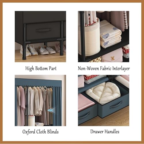 WEALTHYHEART Portable Closets for Hanging Clothes,Clothes Rack with Cover,Portable Wardrobe Closet with 3 Hanging Rods, 6 Storage Shelves and 4 Drawers,55.1" L x 17.7" W x 67.7" H,Black - Image 5