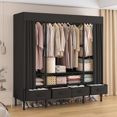 WEALTHYHEART Portable Closets for Hanging Clothes,Clothes Rack with Cover,Portable Wardrobe Closet with 3 Hanging Rods, 6 Storage Shelves and 4 Drawers,55.1" L x 17.7" W x 67.7" H,Black - Image 2