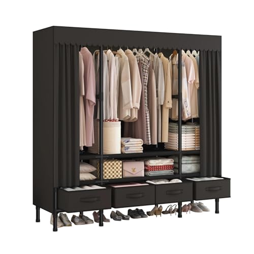 WEALTHYHEART Portable Closets for Hanging Clothes,Clothes Rack with Cover,Portable Wardrobe Closet with 3 Hanging Rods, 6 Storage Shelves and 4 Drawers,55.1" L x 17.7" W x 67.7" H,Black - Image 1