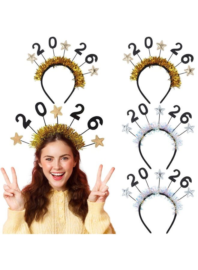 YKW 2026 Happy New Year Headbands Tiara for Women - 4 Pack Glitter & Gold Party Crown - Adjustable Adult Girl Celebration Accessories - Photo Prop NYE Party Supplies (Silver & Gold) - Image 1