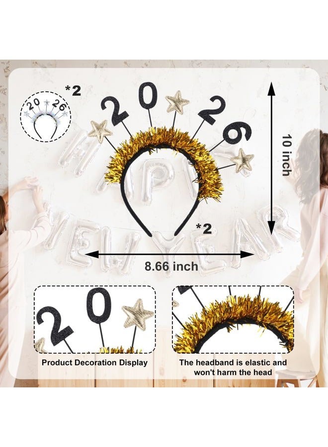 YKW 2026 Happy New Year Headbands Tiara for Women - 4 Pack Glitter & Gold Party Crown - Adjustable Adult Girl Celebration Accessories - Photo Prop NYE Party Supplies (Silver & Gold) - Image 2