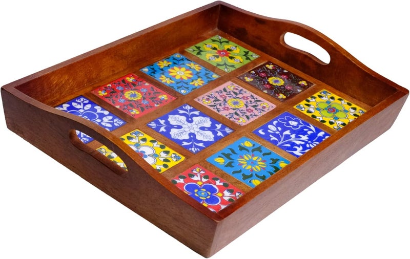 Craft Trade Mango Wood Serving Tray with Handle and 12 Fitted Floral Ceramic Tiles Wooden Platters Perfect for Breakfast Tea Coffee Snacks Dinner 38x30x8 cm Rectangle - Image 2