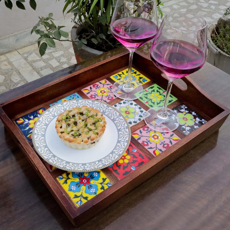 Craft Trade Mango Wood Serving Tray with Handle and 12 Fitted Floral Ceramic Tiles Wooden Platters Perfect for Breakfast Tea Coffee Snacks Dinner 38x30x8 cm Rectangle - Image 1