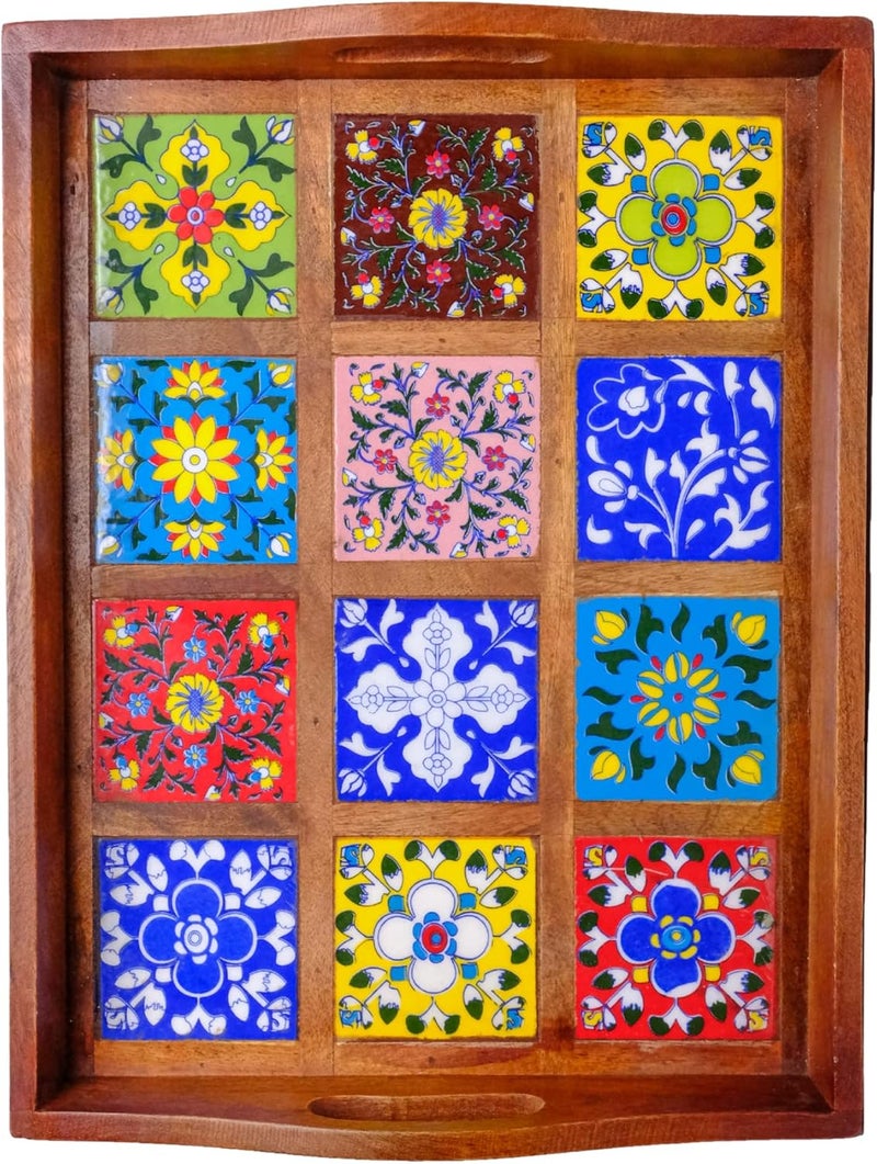 Craft Trade Mango Wood Serving Tray with Handle and 12 Fitted Floral Ceramic Tiles Wooden Platters Perfect for Breakfast Tea Coffee Snacks Dinner 38x30x8 cm Rectangle - Image 5