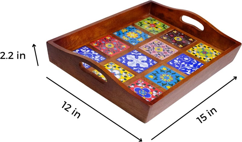 Craft Trade Mango Wood Serving Tray with Handle and 12 Fitted Floral Ceramic Tiles Wooden Platters Perfect for Breakfast Tea Coffee Snacks Dinner 38x30x8 cm Rectangle - Image 4