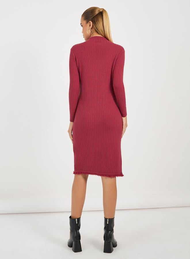 ستايلي فستان سادة بطول الركبة مع تفاصيل مضلعة - Image 4