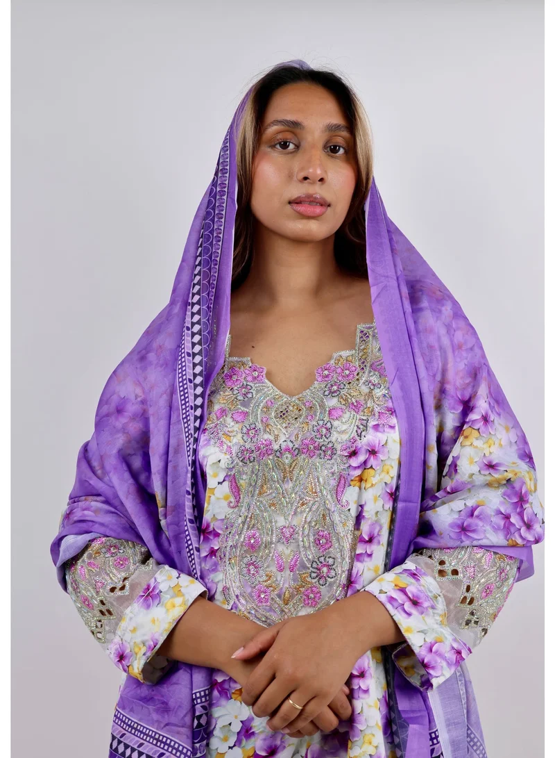 Premium Purple Floral Print Jalabiya with Intricate Silver Embroidery