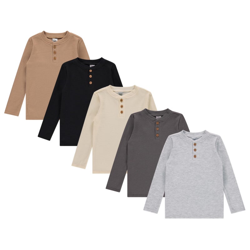Cudlie 5-Pack Boys' 5-Pack Henley Long Sleeve Shirts â€“ Soft Cotton Blend Toddler Tops, Everyday Basics, Size 4T- Jet Black, Whitecap Gray, Ligght Heather Gray, Granite Gray, Amphora - Image 1