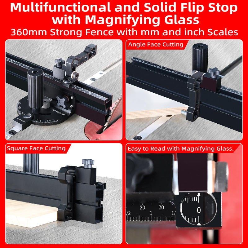 GOINGMAKE Compact Table Saw Miter Gauge with 360mm Fence and Multifunction Flip Stop and Positive Angle Stops, Miter Gauge for Table Saw Accessories, for Woodworking Cuts, Fits 3/4"x3/8" Slot - Image 4