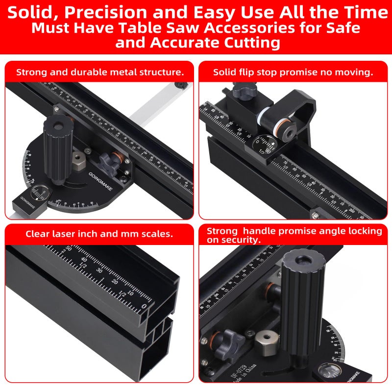 GOINGMAKE Compact Table Saw Miter Gauge with 360mm Fence and Multifunction Flip Stop and Positive Angle Stops, Miter Gauge for Table Saw Accessories, for Woodworking Cuts, Fits 3/4"x3/8" Slot - Image 5